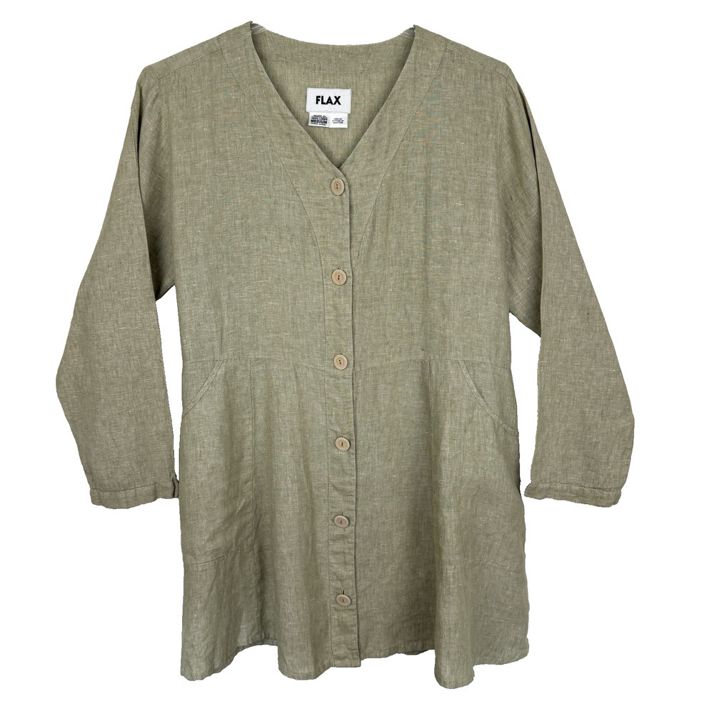 FLAX 100% Linen Tunic Shirt Dress Women’s M Sage Green Pockets Lagenlook Minimal